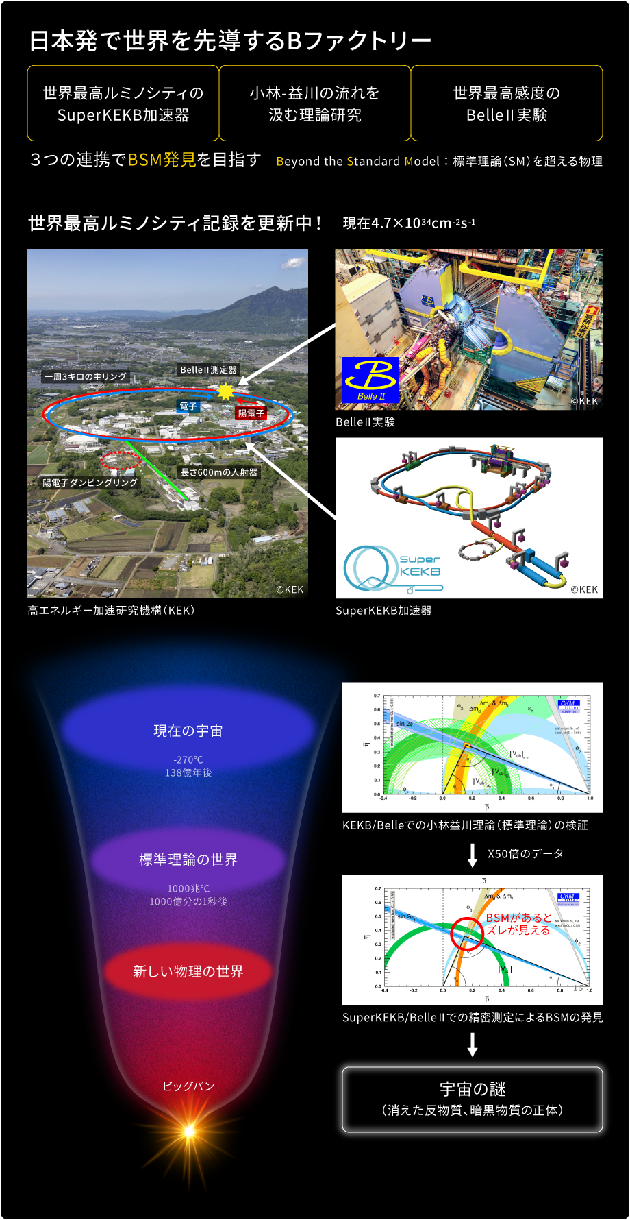 SuperKEKB加速器、Belle II実験、理論研究の連携により新物理の発見を目指すBファクトリー研究の概要